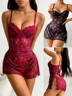 Rose print lace trim sexy nightgown